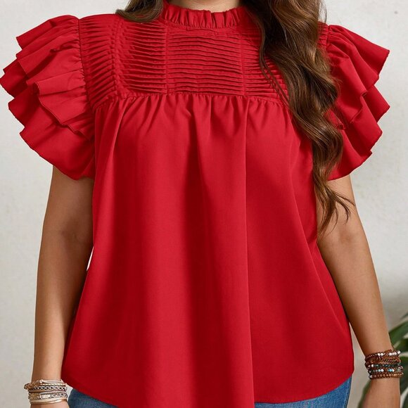 Red Casual Women's Plus Size Ruffle Trim Tops - Picture 3 of 6